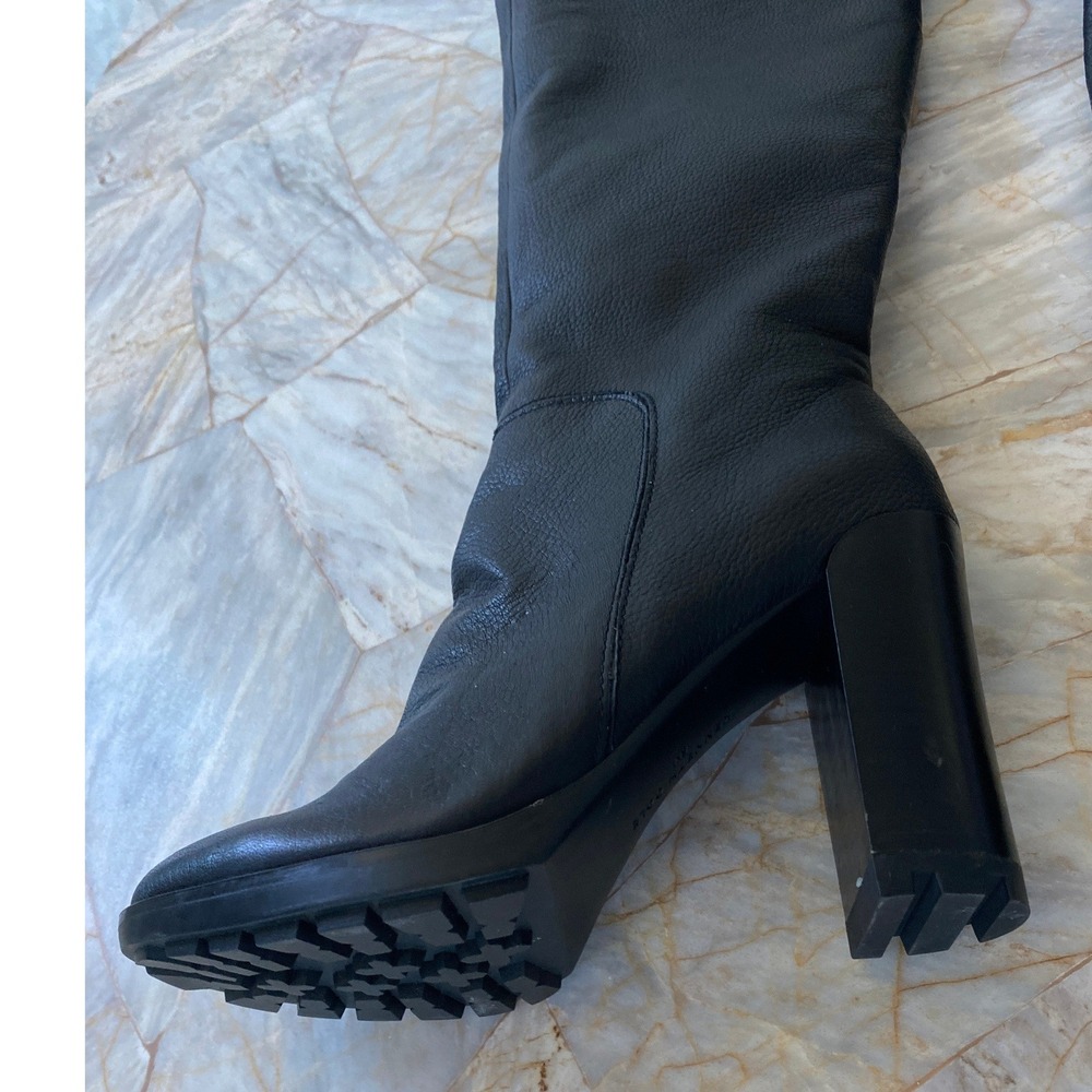 Kenneth Cole New York Black Pebbled Leather Knee High Block Heel Lug Boots - Picture 2 of 9